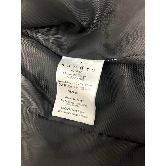 SANDRO Black Lamb Leather Textured Trim Collarless Full Zip Blazer Jacket Size S - Picture 5 of 5